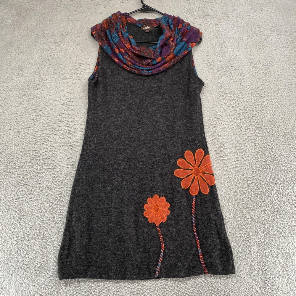Coline Sweater Dress Womens L Gray Cowl Neck Floral Embroidered Boho Tunic Knit